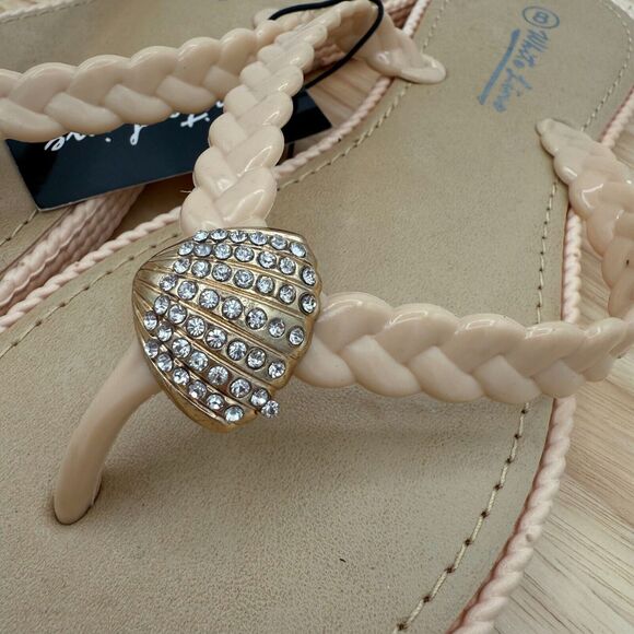 Rhinestone Shell Sandals Womens 8 Beige Braided Thong Slip On Beach Pool NWT - Picture 2 of 5